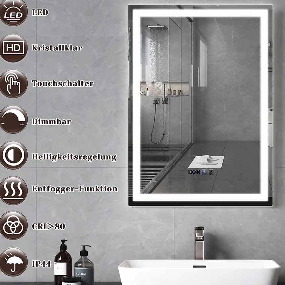 Nettlife Miroir lumineux salle de bain - 50x70 cm LED, mural, IP44, interrupteur tactile, horloge, antibuée, réglable