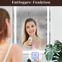 Nettlife Miroir lumineux salle de bain - 50x70 cm LED, mural, IP44, interrupteur tactile, horloge, antibuée, réglable