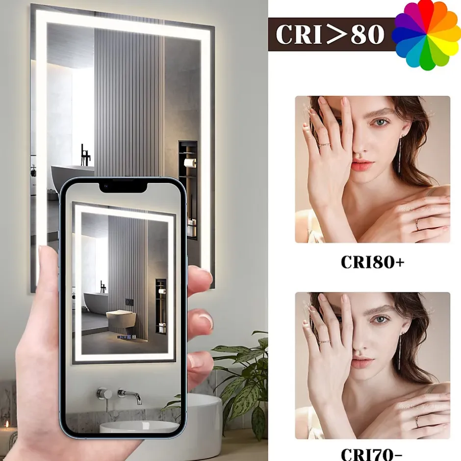 Nettlife Miroir lumineux salle de bain - 50x70 cm LED, mural, IP44, interrupteur tactile, horloge, antibuée, réglable