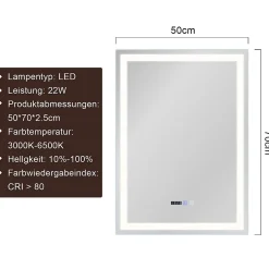 Nettlife Miroir lumineux salle de bain - 50x70 cm LED, mural, IP44, interrupteur tactile, horloge, antibuée, réglable
