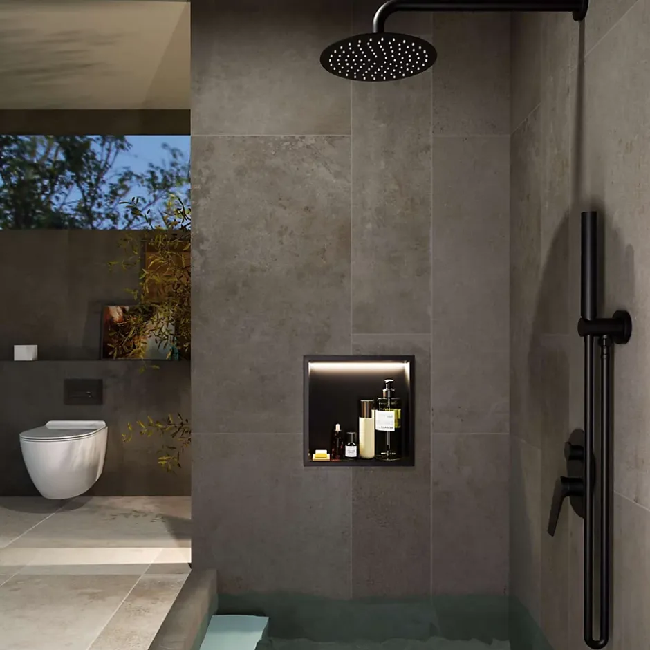 Ledimex Niche de Douche Mural Éclairage Led 33 x 33 cm - Rangement Salle de Bain en finition Or Brossé - INDIC