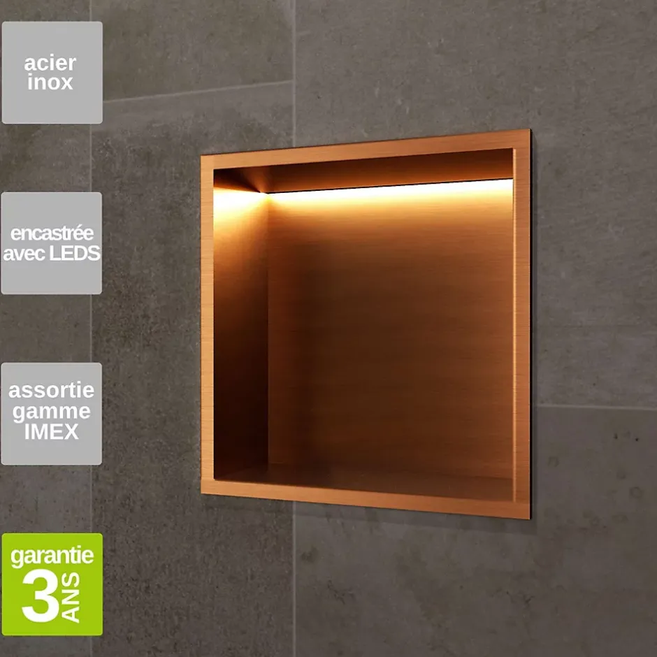 Ledimex Niche de Douche Mural Éclairage Led 33 x 33 cm - Rangement Salle de Bain en finition Cuivré - INDIC