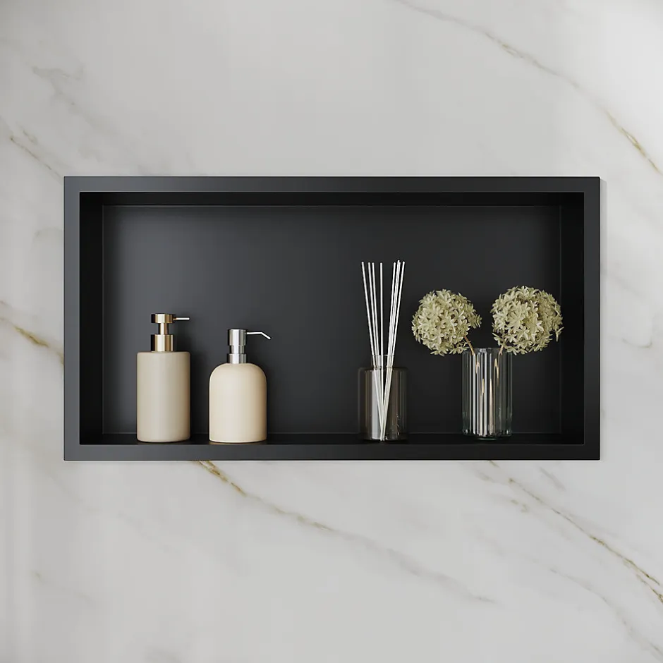 Sirhona Niche inox 600x300x100mm - Encastrée + Bac à douche + Verticale / Horizontale + Noir mat* Etagère Salle De Bains