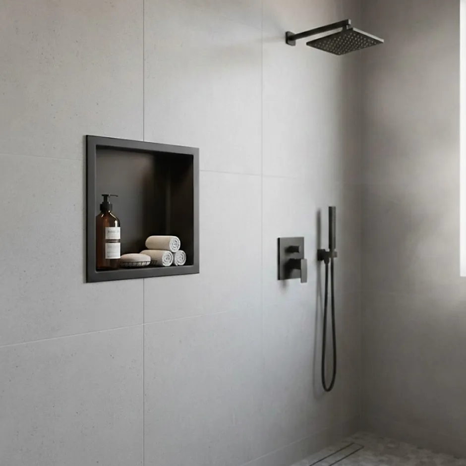 Sanitaire Niche murale de douche, étagère encastrable douche acier Noir Mat - 30x30cm* Niche De Salle De Bains