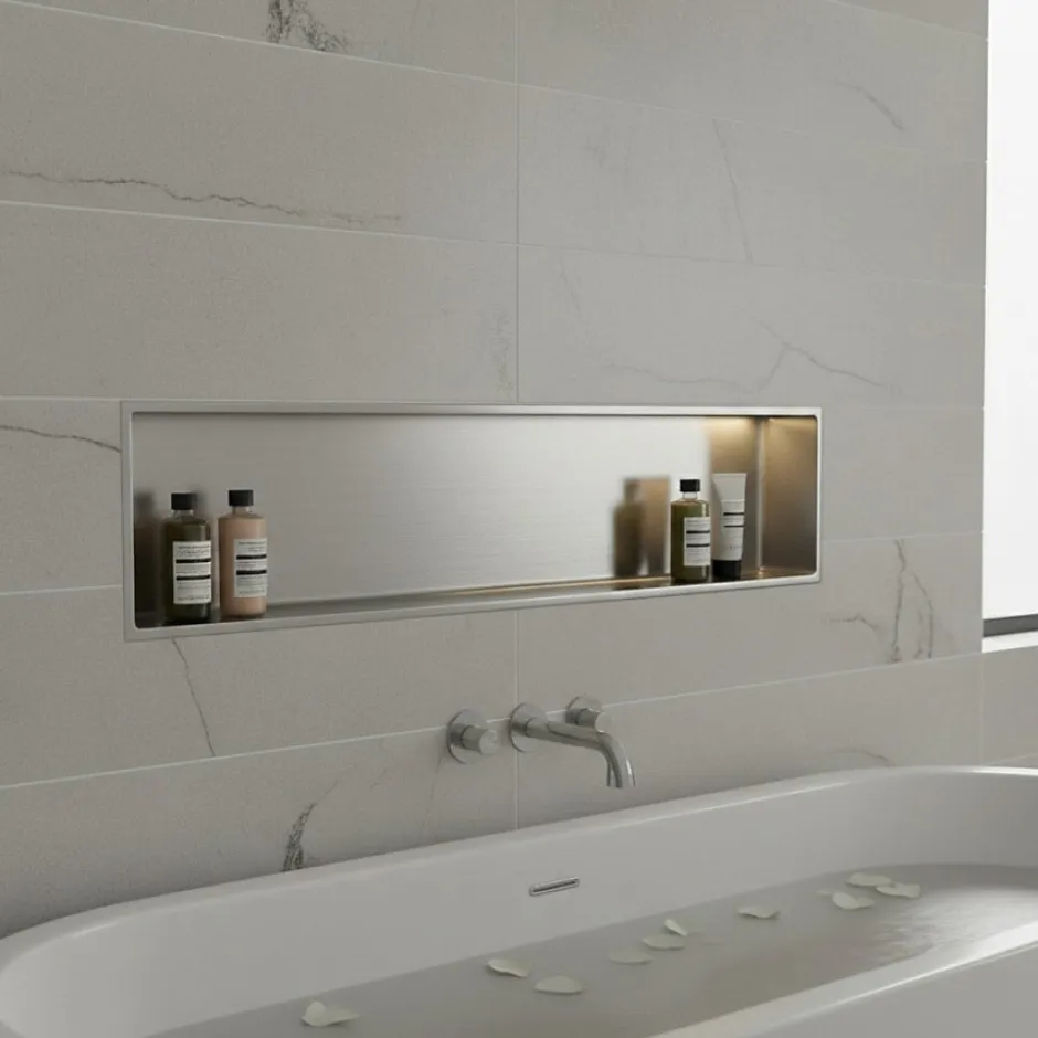 Sanitaire Niche murale de douche, étagère encastrable douche acier Inox Brossé - 30x90cm* Niche De Salle De Bains