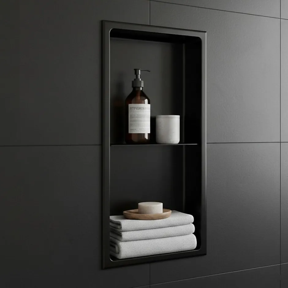Sanitaire Niche murale de douche, étagère encastrable douche acier Noir Mat - 60x30cm* Niche De Salle De Bains