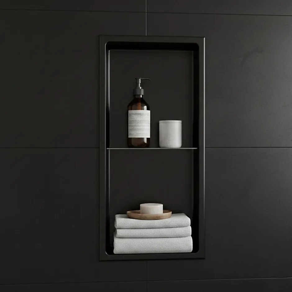 Sanitaire Niche murale de douche, étagère encastrable douche acier Noir Mat - 60x30cm* Niche De Salle De Bains