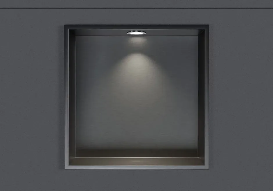 Bernstein Niche murale douche acier inox + Spot LED, étagère douche encastrable - 30x30x10cm (HxLxP) - Gun métal, 1x Spot Chrome
