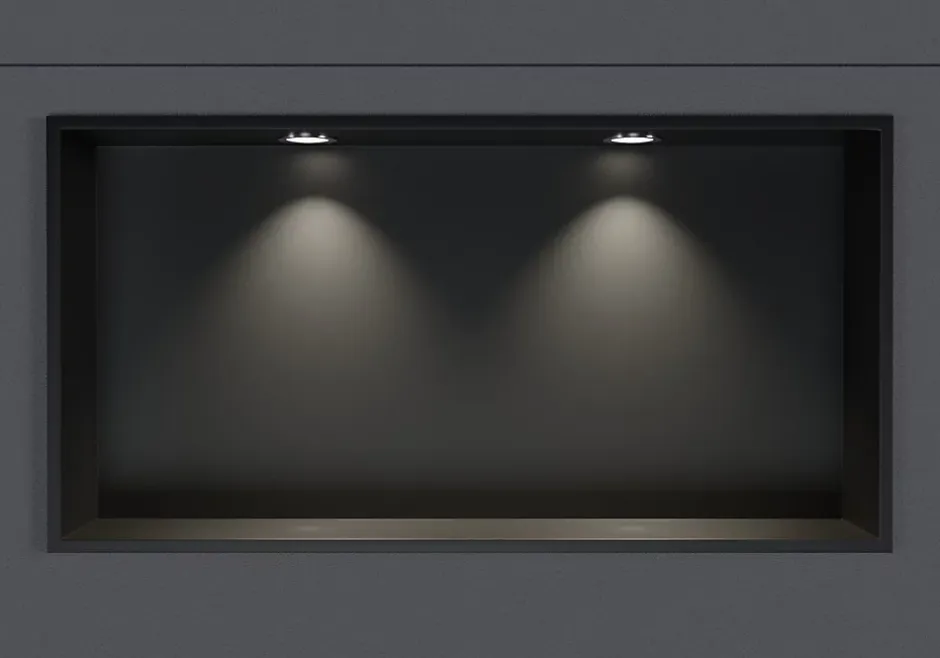 Bernstein Niche murale douche acier inox + 2 Spots LED, étagère douche encastrable - 30x60x10cm (HxLxP) - Noir, 2x Spot Chrome* Niche De Salle De Bains