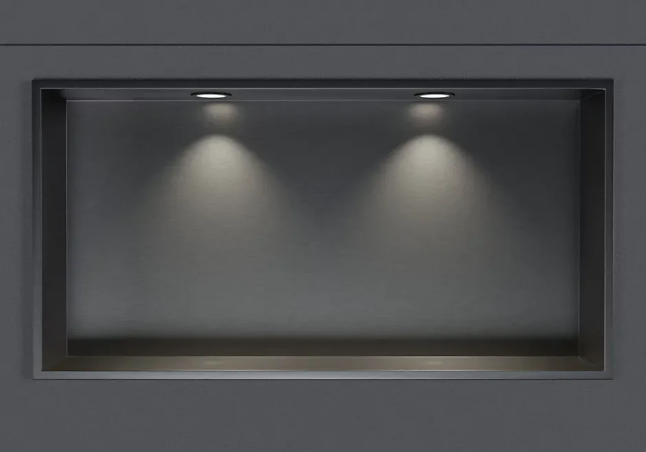 Bernstein Niche murale douche acier inox + 2 Spots LED, étagère douche encastrable - 30x60x10cm (HxLxP) - Gun métal, 2x Spot noir mat* Niche De Salle De Bains