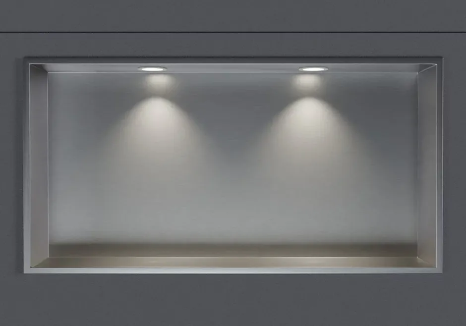 Bernstein Niche murale douche acier inox + 2 Spots LED, étagère douche encastrable - 20x60x10cm (HxLxP) - Acier brossé, 2x Spot Blanc mat