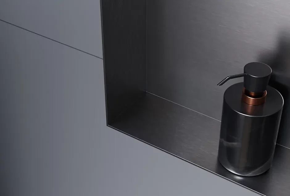 Bernstein Niche murale douche acier inox + 2 Spots LED, étagère douche encastré NT306010X, 30x60x10cm (HxLxP), Gun métal, 2 Spot Blanc mat