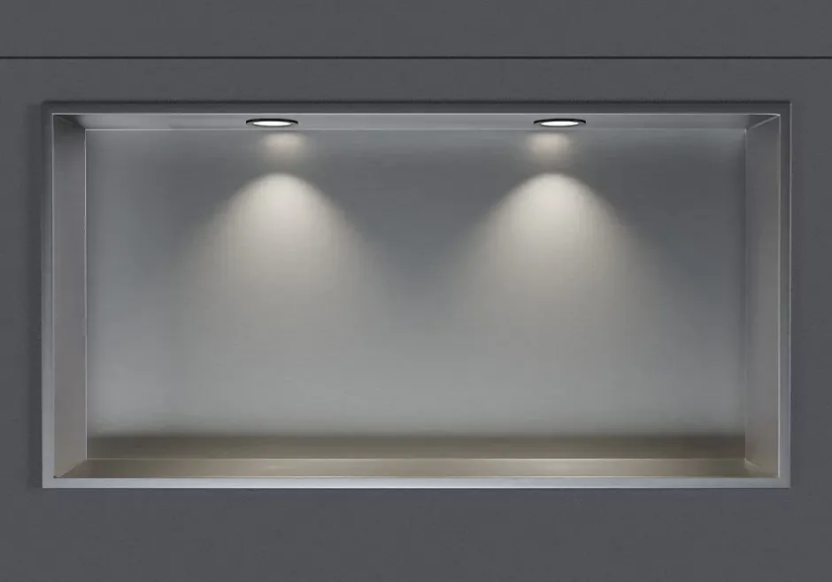 Bernstein Niche murale douche acier inox + 2 Spots LED, étagère douche encastrable - 20x60x10cm (HxLxP) - Acier brossé, 2x Spot noir mat
