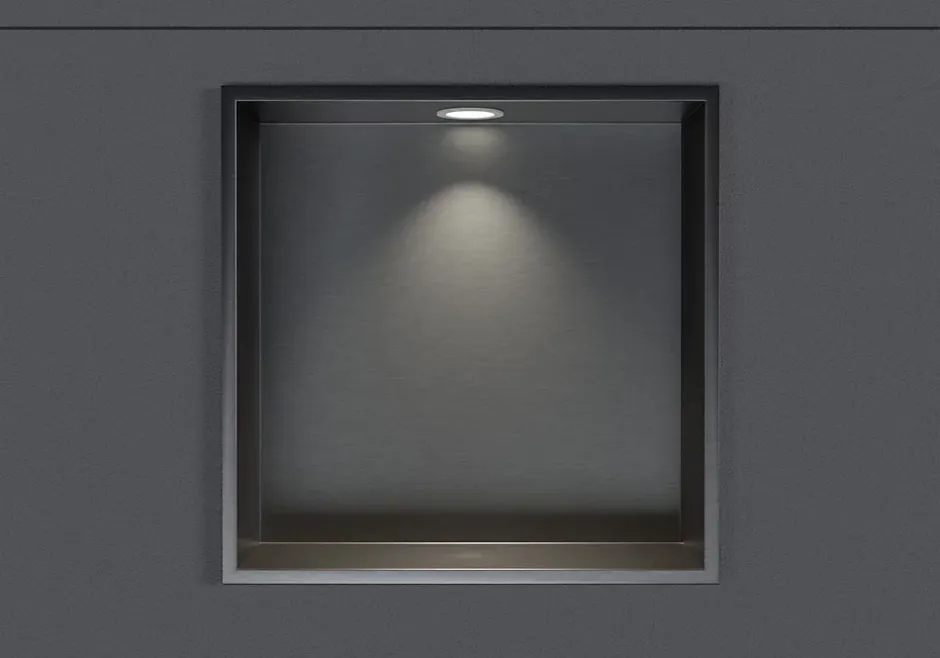 Bernstein Niche murale douche acier inox + Spot LED, étagère douche encastrable - 30x30x10cm (HxLxP) - Gun métal, 1x Spot Blanc mat