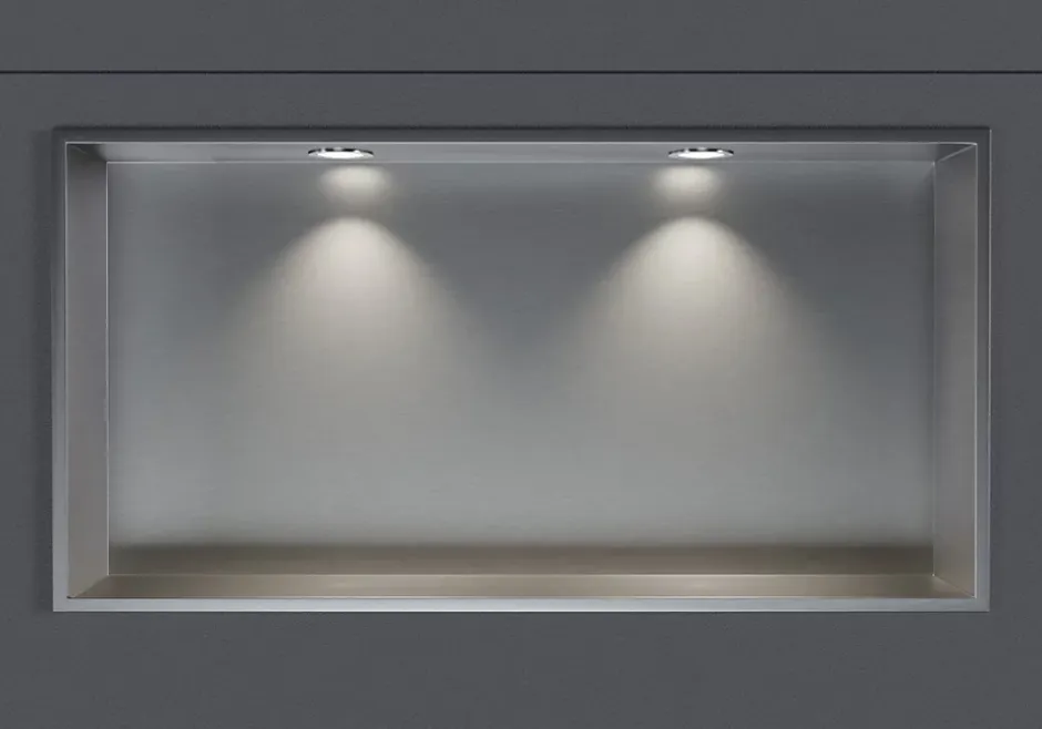 Bernstein Niche murale douche acier inox + 2 Spots LED, étagère douche encastrable - 30x60x10cm (HxLxP) - Acier brossé, 2x Spot Chrome