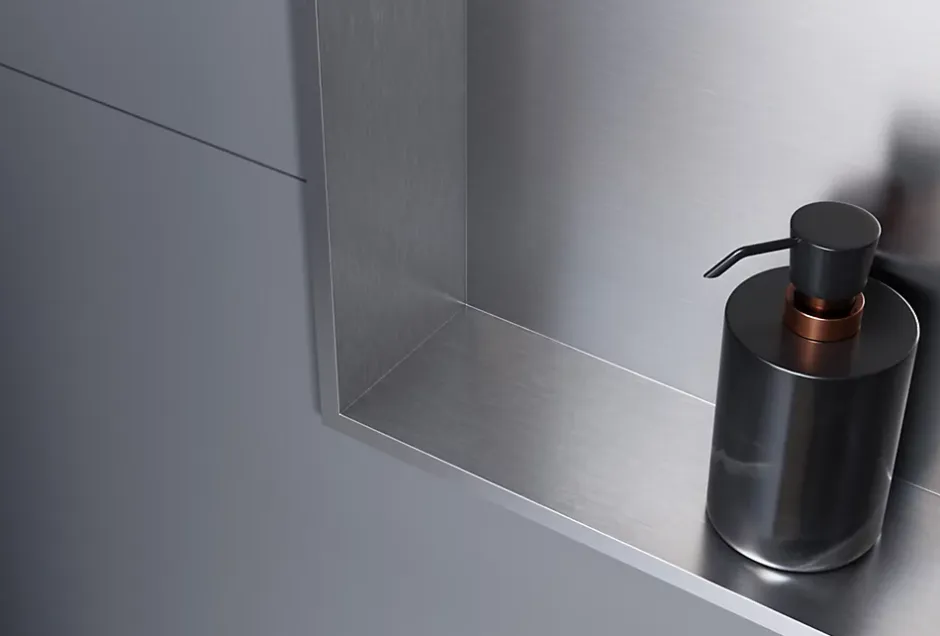 Bernstein Niche murale douche acier inox + 2 Spots LED, étagère douche encastrable - 30x60x10cm (HxLxP) - Acier brossé, 2x Spot Chrome
