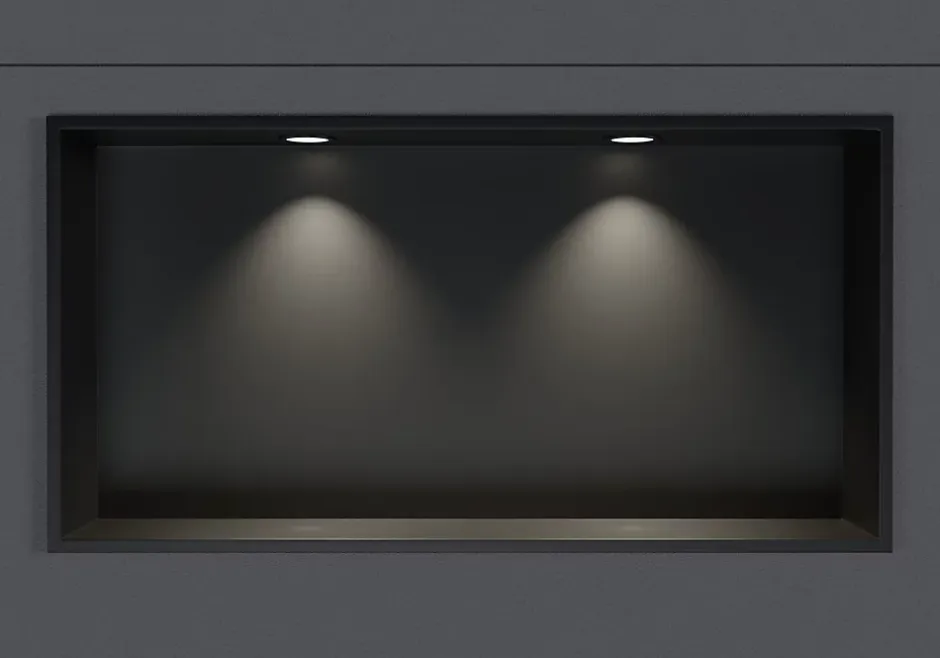 Bernstein Niche murale douche acier inox + 2 Spots LED, étagère douche encastrable - 20x60x10cm (HxLxP) - Noir, 2x Spot noir mat