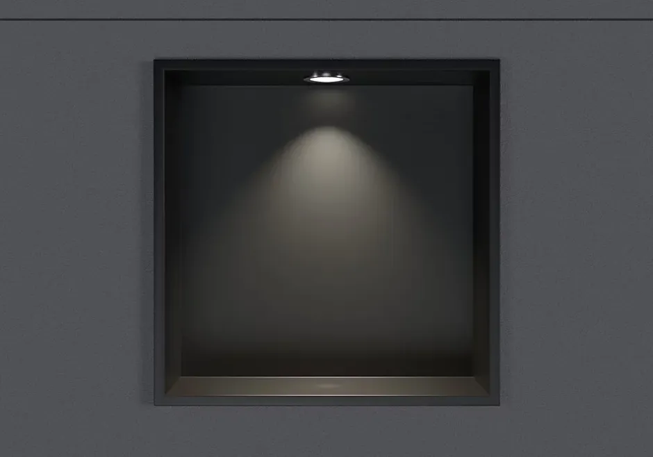 Bernstein Niche murale douche acier inox + Spot LED, étagère douche encastrable - 20x30x10cm (HxLxP) - Noir, 1x Spot Chrome