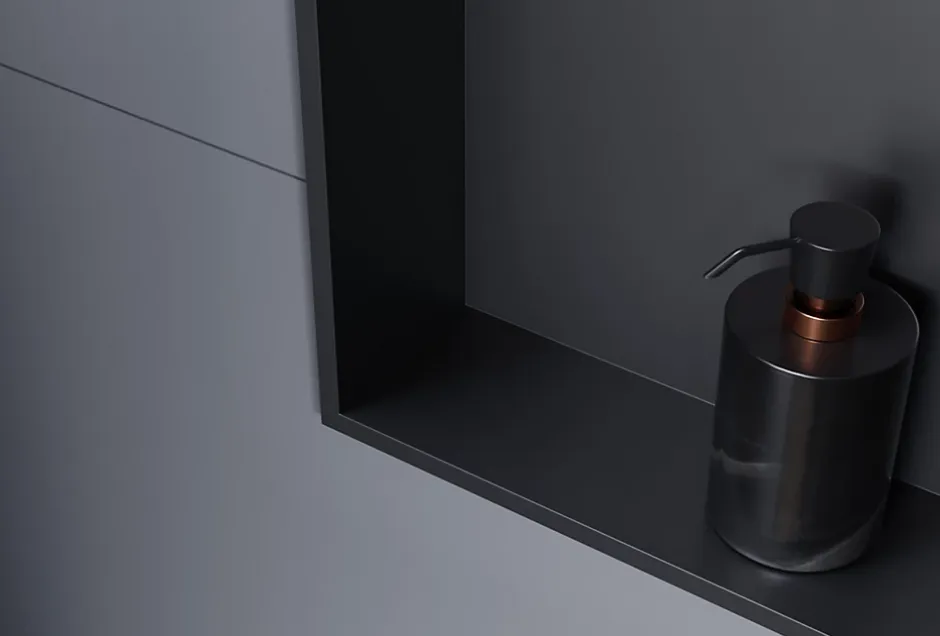 Bernstein Niche murale douche acier inox + Spot LED, étagère douche encastrable - 20x30x10cm (HxLxP) - Noir, 1x Spot Chrome