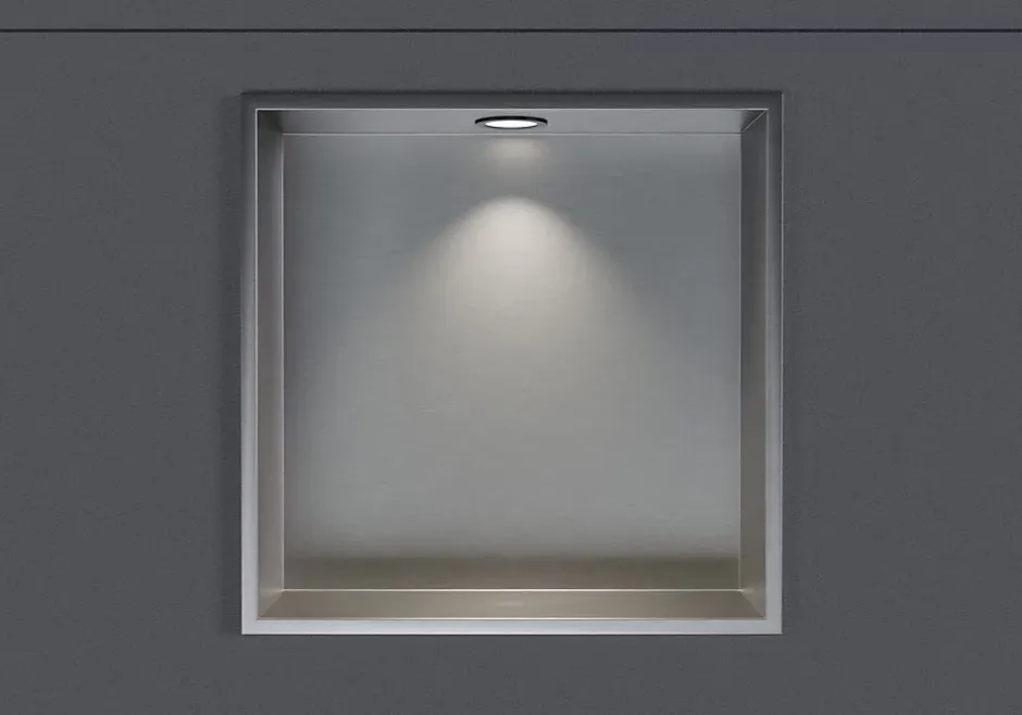 Bernstein Niche murale douche acier inox + Spot LED, étagère douche encastrable - 20x30x10cm (HxLxP) - Acier brossé, 1x Spot noir mat
