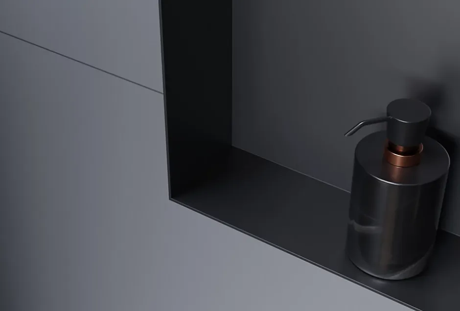 Bernstein Niche murale douche étanche en acier inox avec Spot LED, étagère douche encastrable - 20x30x10cm (HxLxP) - Noir, 1x Spot Chrome* Niche De Salle De Bains