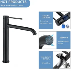 Homelody Noir Mitigeur de Lavabo Robinet Salle de Bain Haut Robinet pour Vasque Bec Pivotant en Inox SS304 pour Salle de Bain