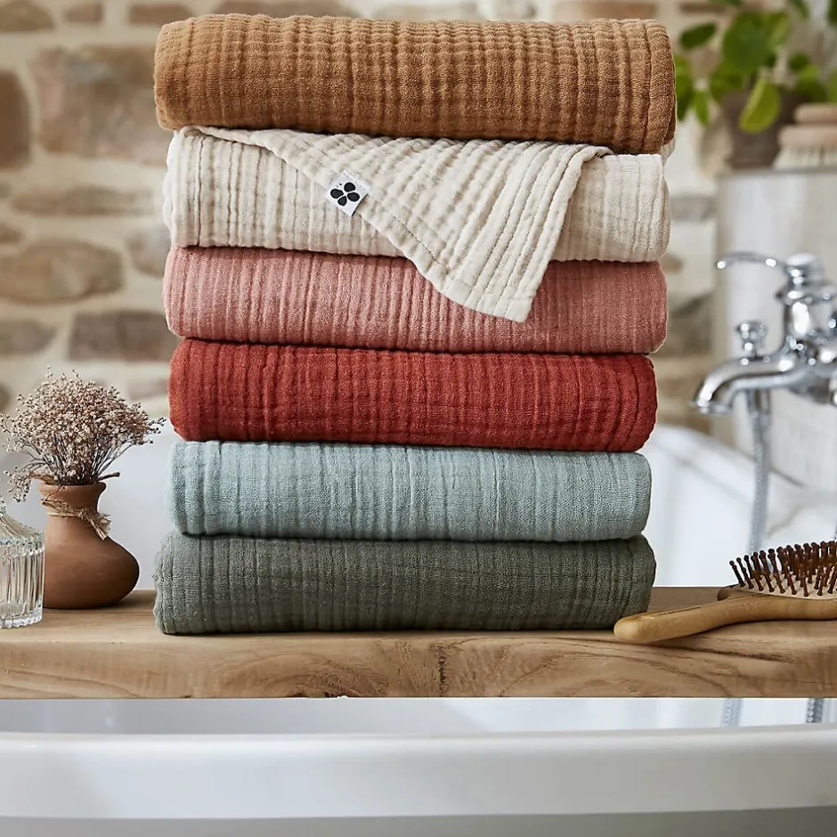 Altobuy OUREA - Serviette de Bain 90x150cm Gaze de Coton Rose pêche