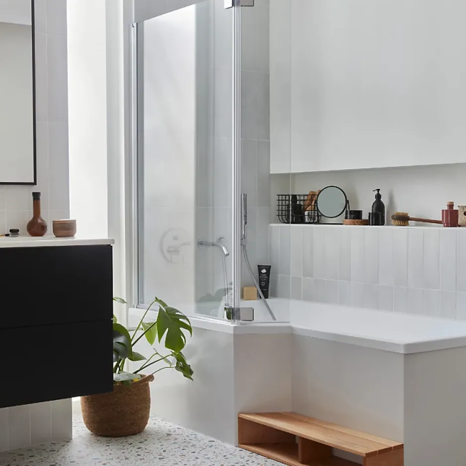 Jacob Delafon Pack baignoire bain douche 180 x 90 Neo version gauche + pare bain chromé + tablier de baignoire en angle