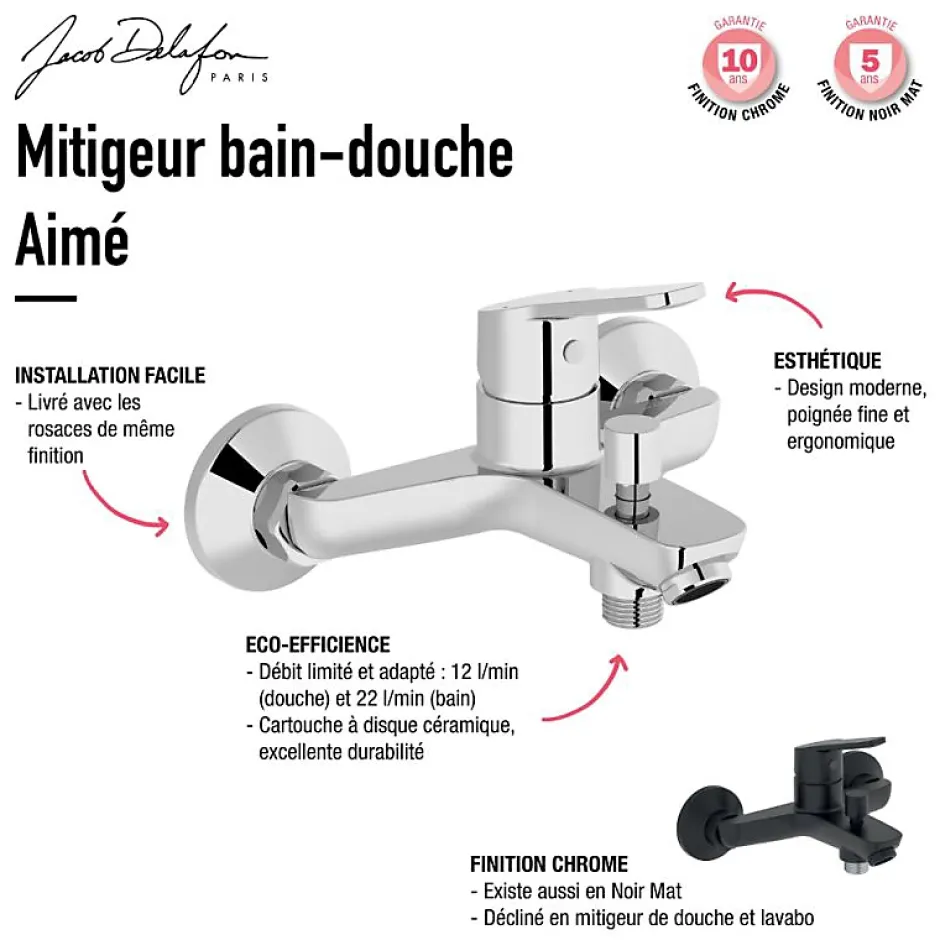 Jacob Delafon Pack baignoire droite 170 x 75 Elise + tablier niche + pommeau et mitigeur bain noir mat Aimé + vidage* Baignoire Droite