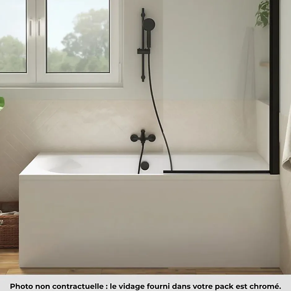 Jacob Delafon Pack baignoire droite 180 x 80 Elise + pack pommeau et mitigeur bain douche noir mat + pare bain noir mat + vidage* Baignoire Droite