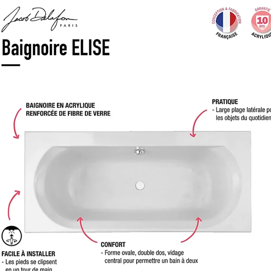 Jacob Delafon Pack baignoire droite 170 x 75 Elise + mitigeur bain douche chromé + vidage* Baignoire Droite