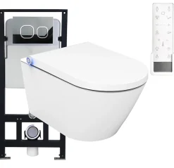 Bernstein Pack Bâti-support + Toilettes Japonais céramique, WC lavant + télécommande - 38,4x59,3x38cm - PRO+ 1102- Plaque verre noir