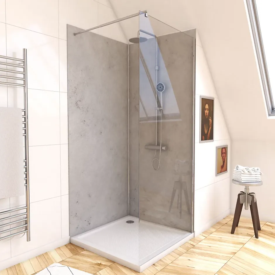 Galedo Pack de 2 panneaux muraux de salle de bains, gris effet pierre avec profilés chromés, l.90+90 x H.210 x P.0,3 cm, Homestone