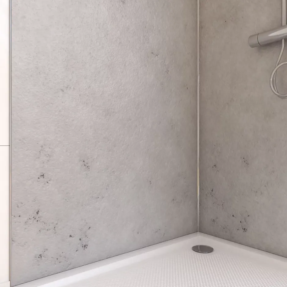 Galedo Pack de 2 panneaux muraux de salle de bains, gris effet pierre avec profilés chromés, l.90+90 x H.210 x P.0,3 cm, Homestone