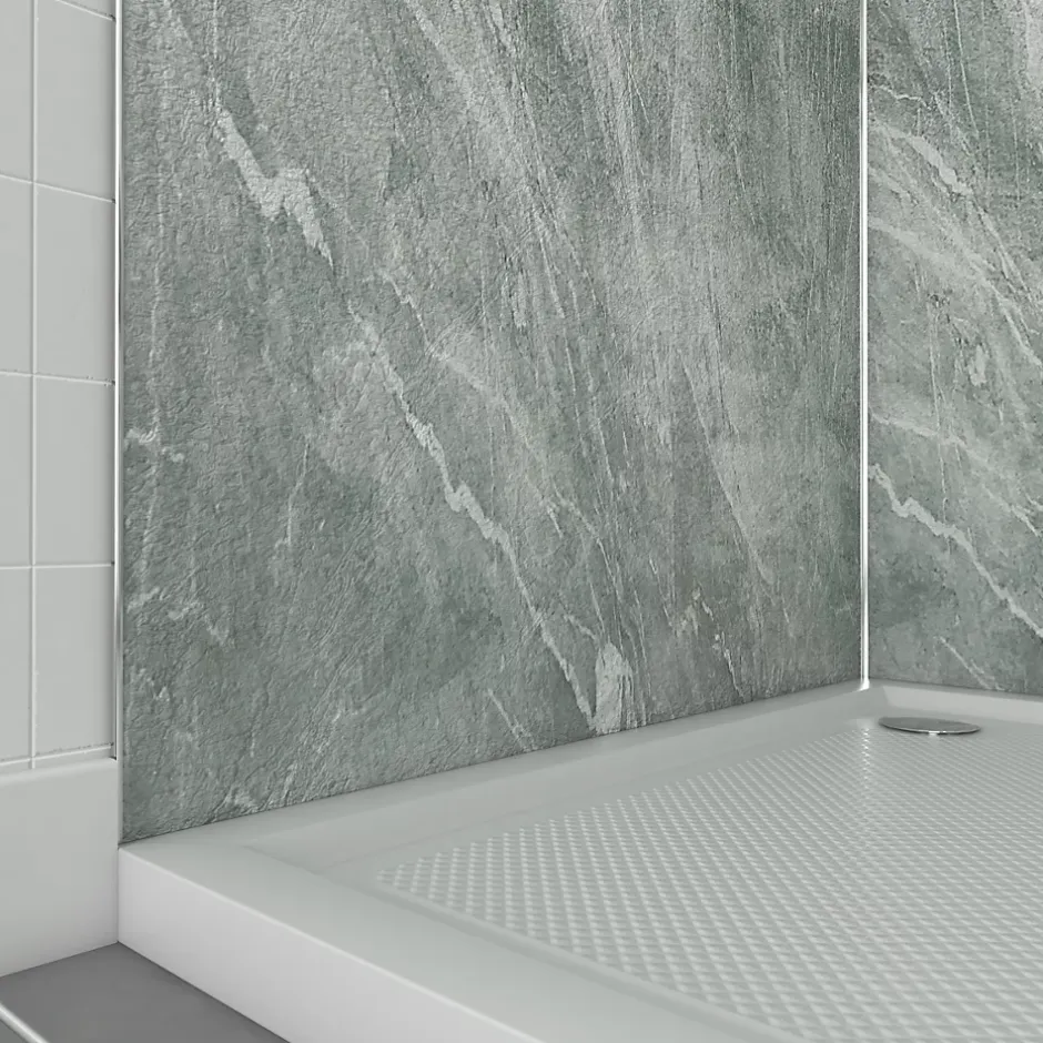 Galedo Pack de 2 panneaux muraux de salle de bains, vert effet pierre avec profilés chromés, l.90+90 x H.210 x P.0,3 cm, Homestone* Panneau Mural De Salle De Bains
