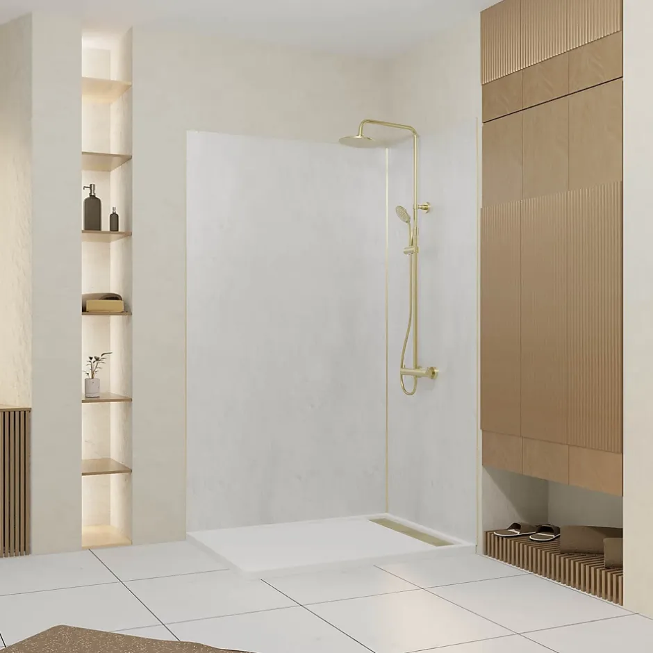 Galedo Pack de 2 panneaux muraux de salle de bains, blanc effet pierre avec profilés dorés, l.120+90 x H.210 x P.0,3 cm, Homestone