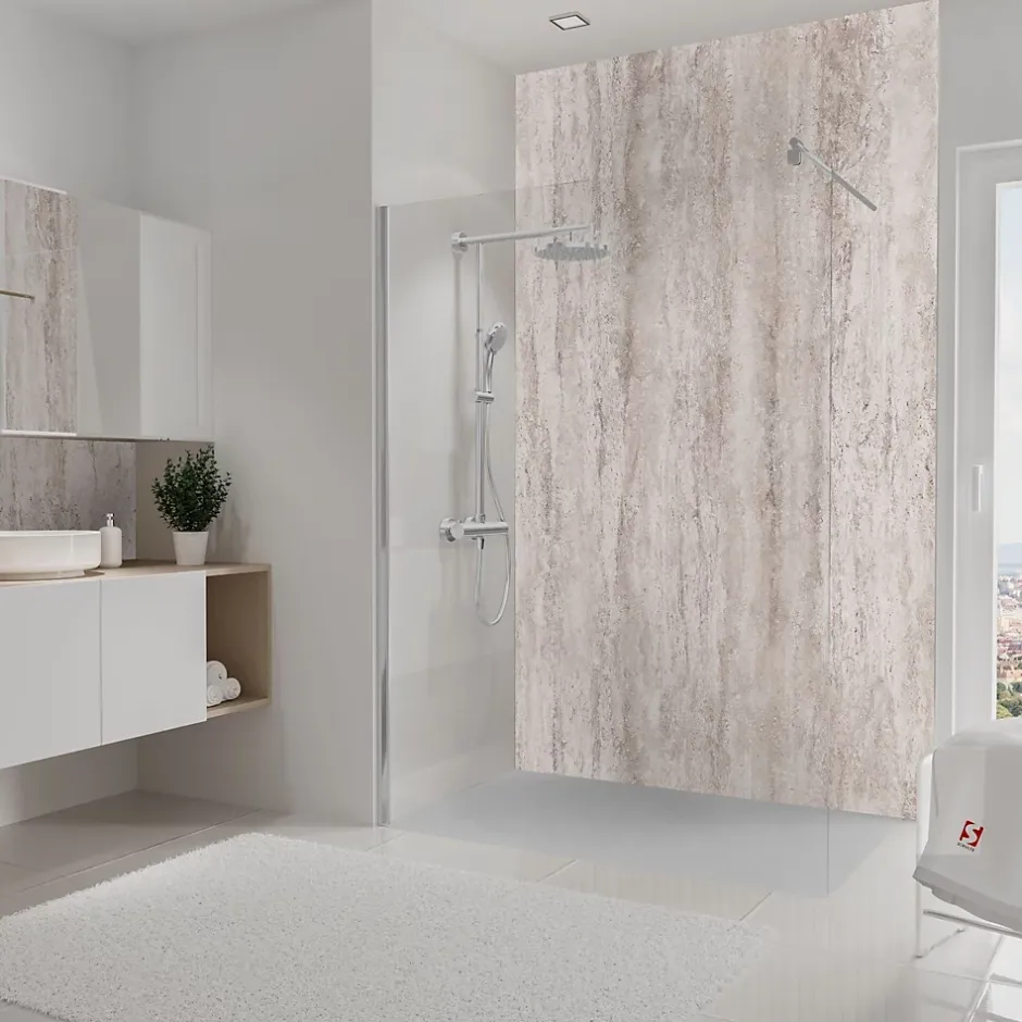 Schulte Pack de 2 panneaux muraux de salle de bains l.100 x H.210 cm, effet travertin beige structuré , DécoDesign Softtouch