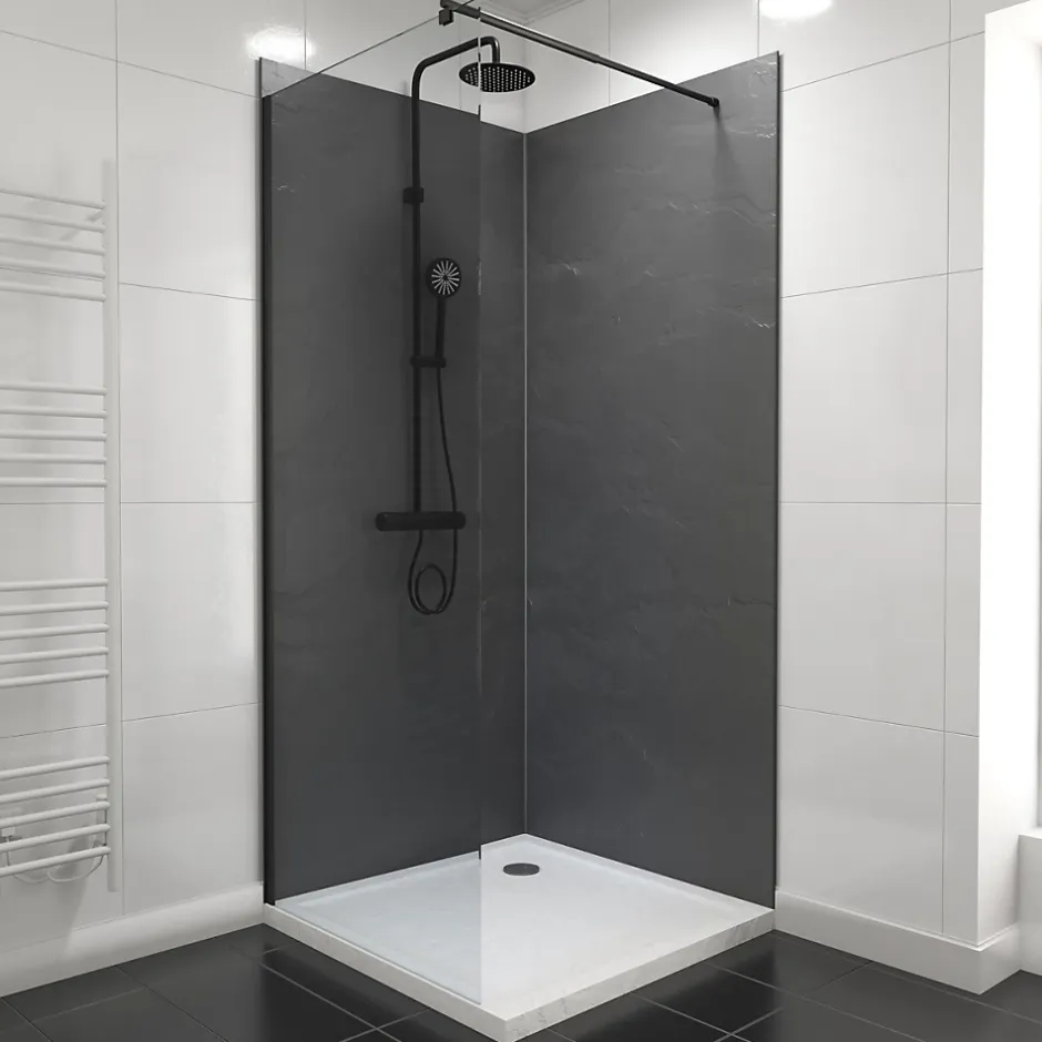 Galedo Pack de 2 panneaux muraux de salle de bains, gris foncé effet ardoise avec profilés noirs, l.90+90 x H.210 x P.0,3 cm, Homestone