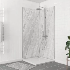 Galedo Pack de 2 panneaux muraux de salle de bains, gris effet marbre avec profilés chromés, l.90+90 x H.210 x P.0,3 cm, Homestone