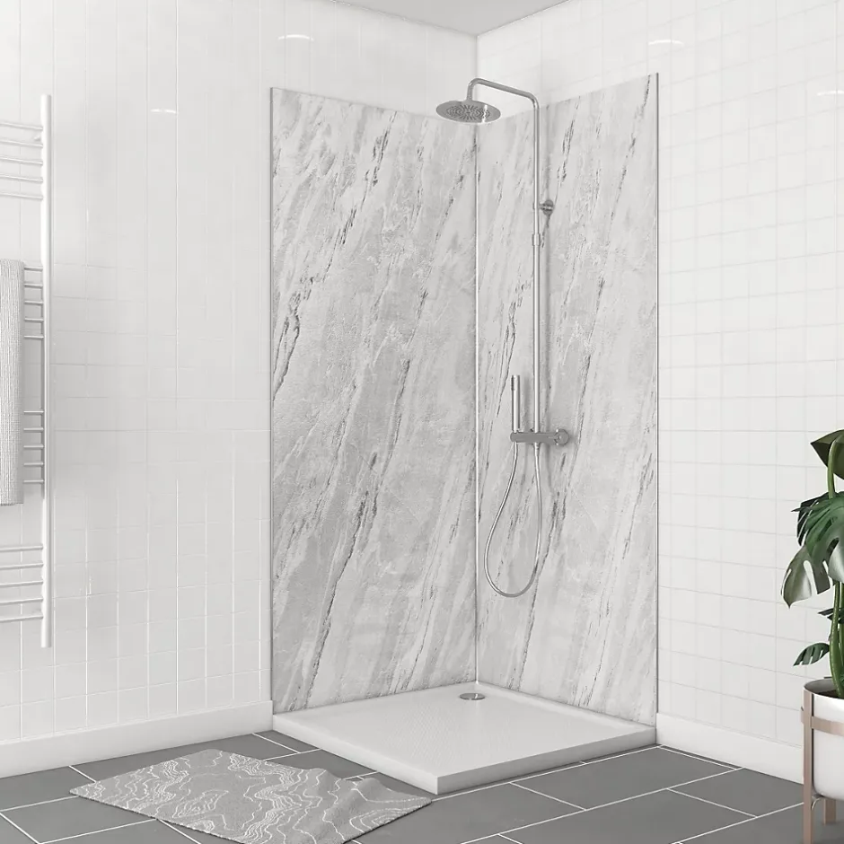Galedo Pack de 2 panneaux muraux de salle de bains, gris effet marbre avec profilés chromés, l.90+90 x H.210 x P.0,3 cm, Homestone