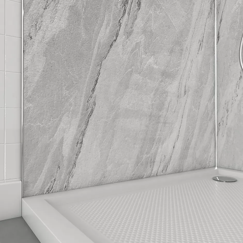 Galedo Pack de 2 panneaux muraux de salle de bains, gris effet marbre avec profilés chromés, l.90+90 x H.210 x P.0,3 cm, Homestone