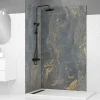 Galedo Pack de 2 panneaux muraux de salle de bains, gris et doré effet marbre avec profilés noirs, l.120+90 x H.210 x P.0,3 cm, Homestone* Panneau Mural De Salle De Bains