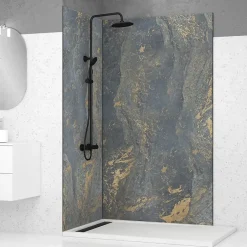 Galedo Pack de 2 panneaux muraux de salle de bains, gris et doré effet marbre avec profilés noirs, l.120+90 x H.210 x P.0,3 cm, Homestone* Panneau Mural De Salle De Bains