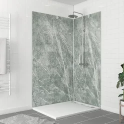 Galedo Pack de 2 panneaux muraux de salle de bains, vert effet pierre avec profilés chromés, l.120+90 x H.210 x P.0,3 cm, Homestone