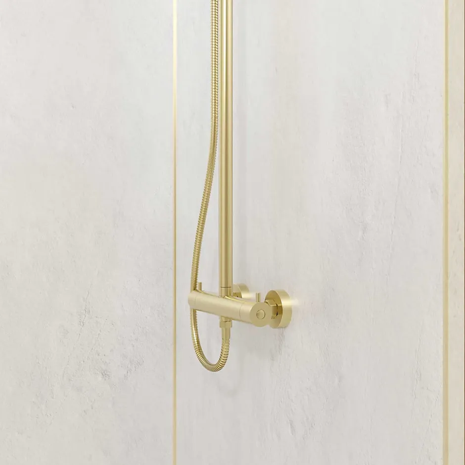 Galedo Pack de 2 panneaux muraux de salle de bains, blanc effet pierre avec profilés dorés, l.90+90 x H.210 x P.0,3 cm, Homestone