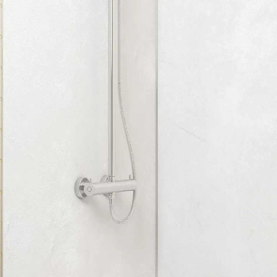 Galedo Pack de 2 panneaux muraux de salle de bains, blanc effet pierre avec profilés chromés, l.90+90 x H.210 x P.0,3 cm, Homestone* Panneau Mural De Salle De Bains
