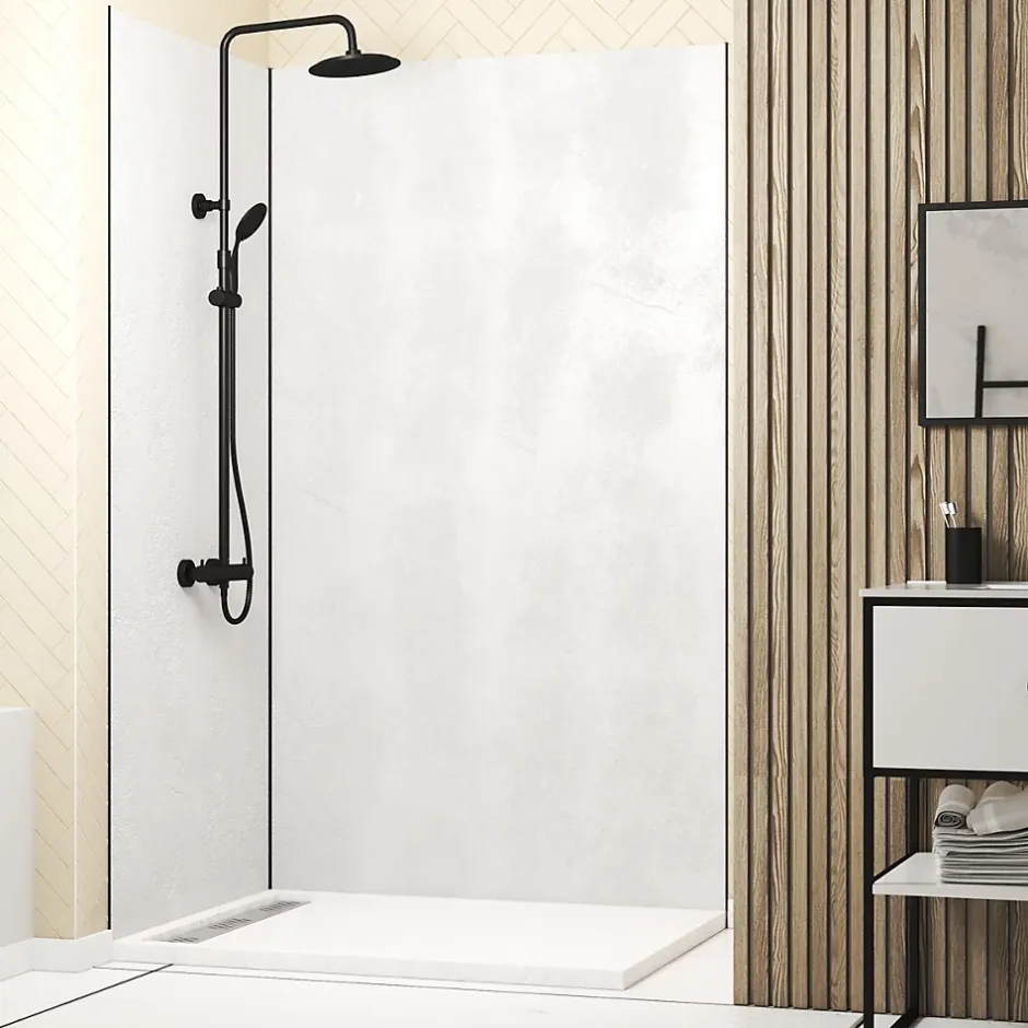 Galedo Pack de 2 panneaux muraux de salle de bains, blanc effet pierre avec profilés noirs, l.120+90 x H.210 x P.0,3 cm, Homestone