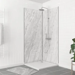 Galedo Pack de 2 panneaux muraux de salle de bains, blanc effet marbre avec profilés noirs, l.90+90 x H.210 x P.0,3 cm, Homestone