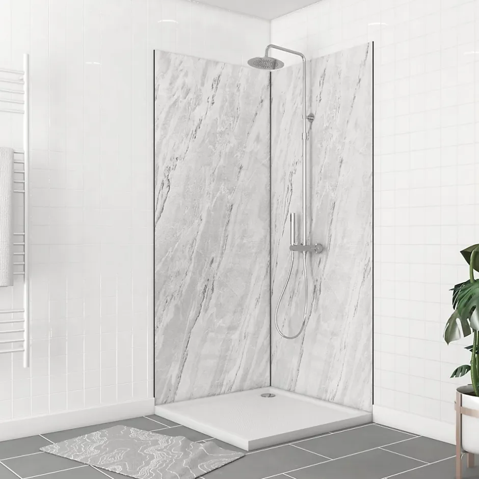 Galedo Pack de 2 panneaux muraux de salle de bains, blanc effet marbre avec profilés noirs, l.90+90 x H.210 x P.0,3 cm, Homestone