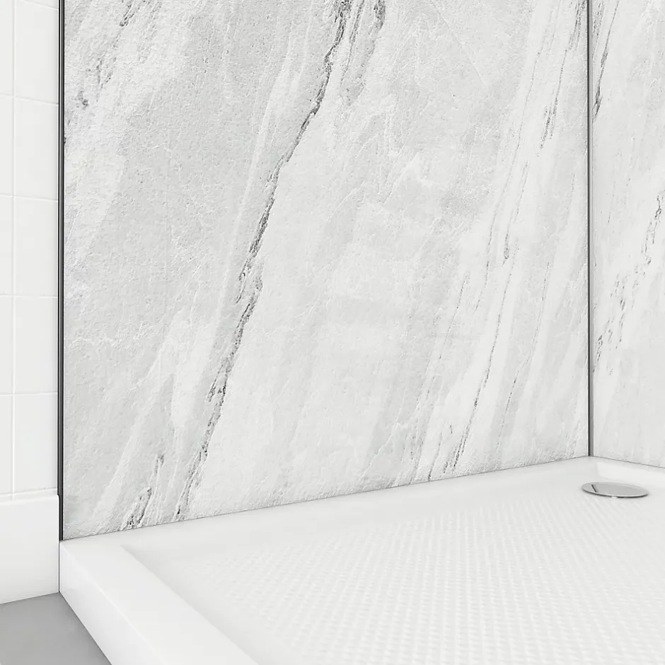 Galedo Pack de 2 panneaux muraux de salle de bains, blanc effet marbre avec profilés noirs, l.90+90 x H.210 x P.0,3 cm, Homestone